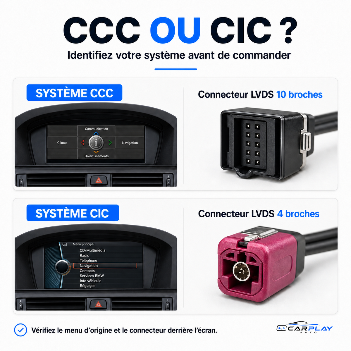Écran CarPlay compatible avec BMW Série 3 [2005-2012] E90 / E91 / E92 / E93 - Type A (CCC - 10 PIN)